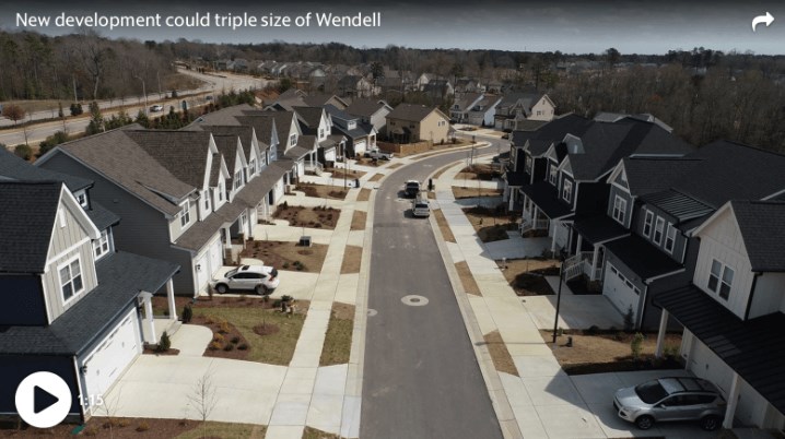 Aerial view of homes in Wendell Falls